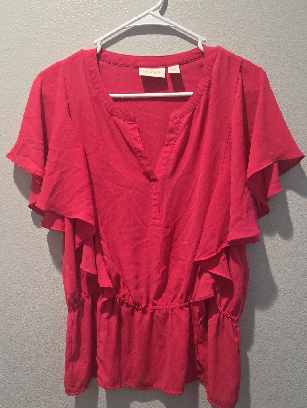 Chico's Coral Pink Ruffle Sleeve Blouse Sz 0